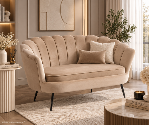Sofa dwuosobowa MALMO Cappuccino– welur, czarne metalowe nogi