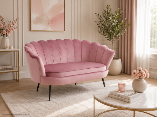 Sofa dwuosobowa MALMO Różowa– welur, czarne metalowe nogi