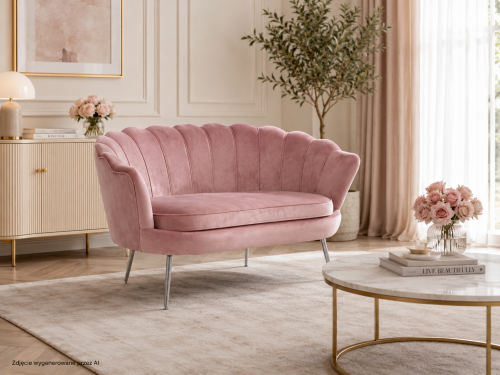 Sofa dwuosobowa MALMO Różowa– welur, srebrne metalowe nogi