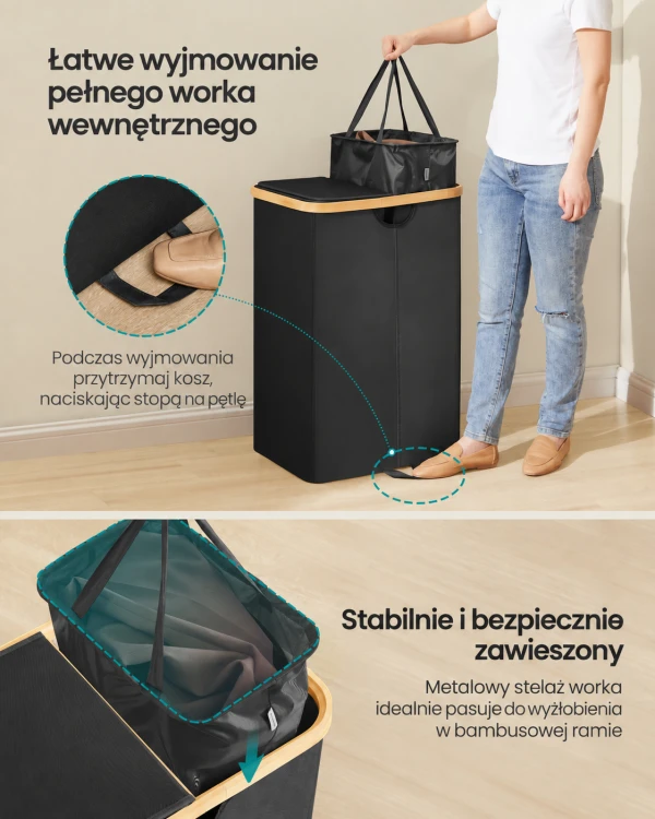 Kosz na pranie 150 l z 2 przegrodami, pokrywą i wyjmowanymi workami – czarny z bambusową ramą