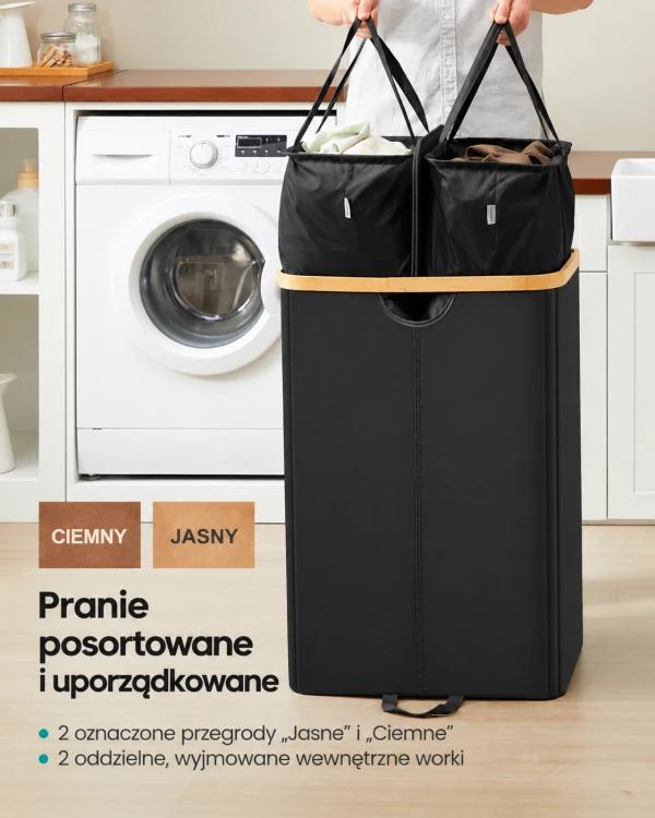 Kosz na pranie 150 l z 2 przegrodami, pokrywą i wyjmowanymi workami – czarny z bambusową ramą