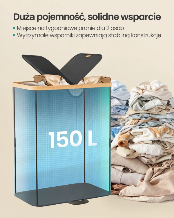 Kosz na pranie 150 l z 2 przegrodami, pokrywą i wyjmowanymi workami – czarny z bambusową ramą