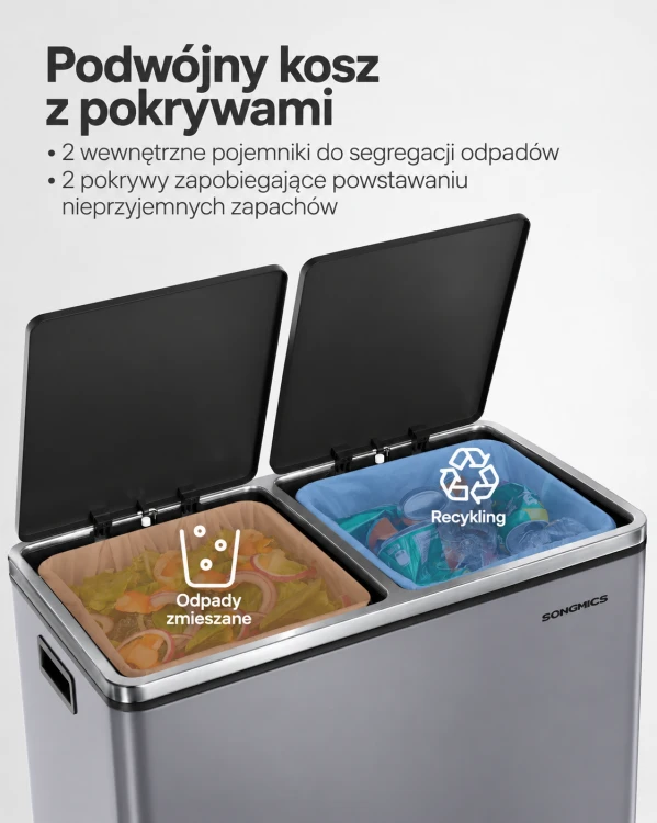 Kosz na śmieci do segregacji 2x30l Szary z pedałami + 15 worków GRATIS