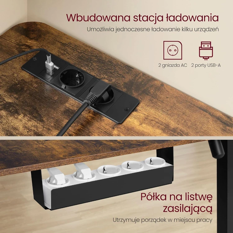 Biurko narożne z regulacją wysokości 140x160cm z listwą zasilającą w stylu industrialnym