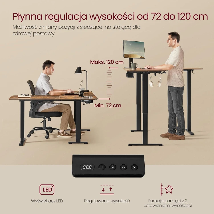 Biurko narożne z regulacją wysokości 140x160cm z listwą zasilającą w stylu industrialnym