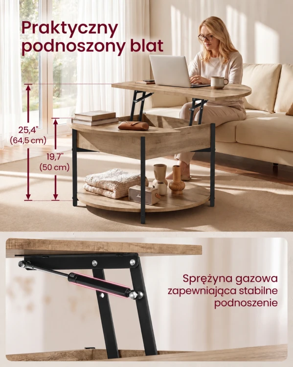 Okrągły stolik kawowy z podnoszonym blatem 80 cm schowkiem w stylu industrialnym