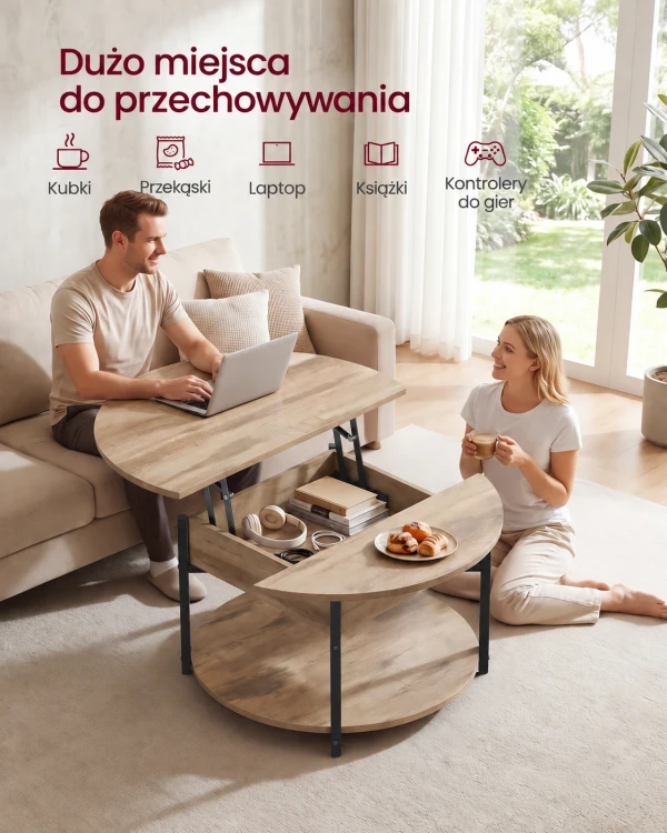 Okrągły stolik kawowy z podnoszonym blatem 80 cm schowkiem w stylu industrialnym