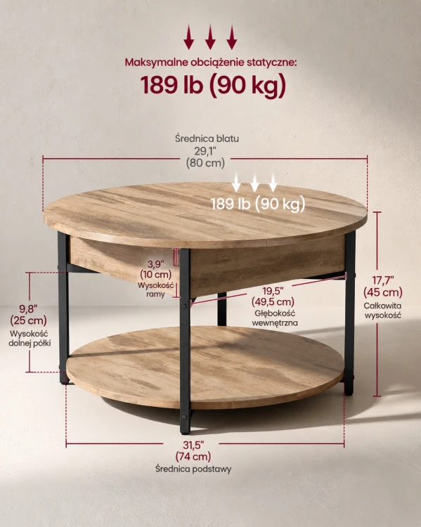 Okrągły stolik kawowy z podnoszonym blatem 80 cm schowkiem w stylu industrialnym