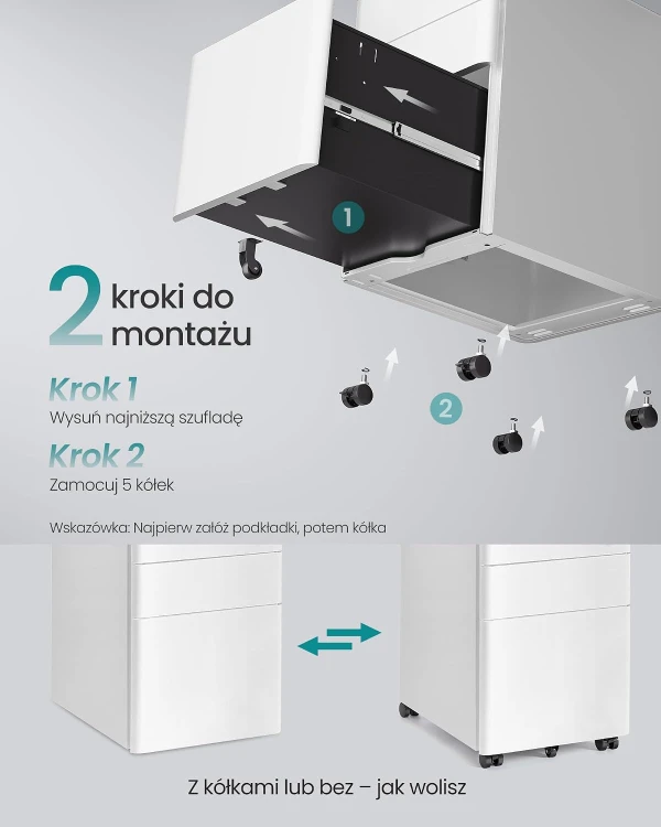 Kontenerek z 3 szufladami biały zamykany na kluczyk pod biurko