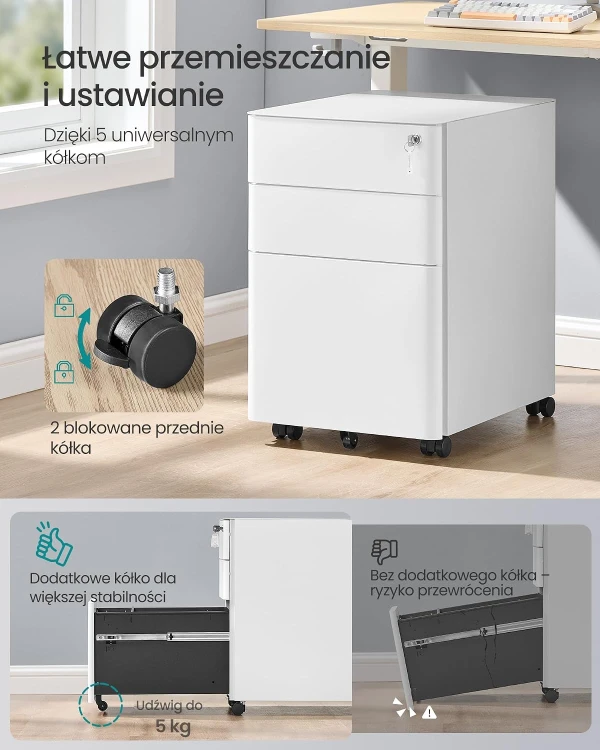 Kontenerek z 3 szufladami biały zamykany na kluczyk pod biurko