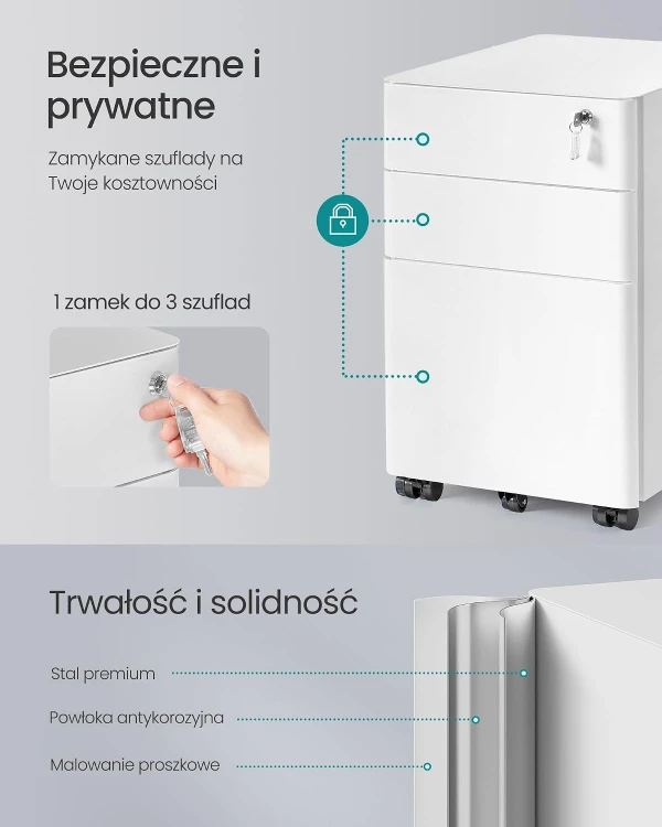 Kontenerek z 3 szufladami biały zamykany na kluczyk pod biurko