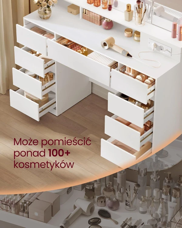Toaletka Zuzanna z lustrem LED 9 pojemnych szuflad w kolorze białym