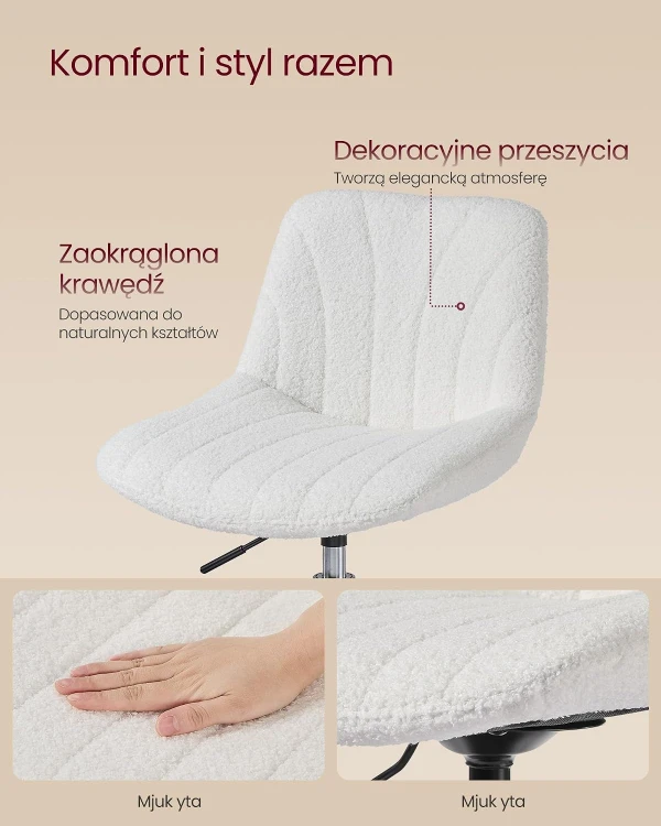 Krzesło obrotowe do toaletki z regulacją wysokości w tkaninie boucle kolor krem