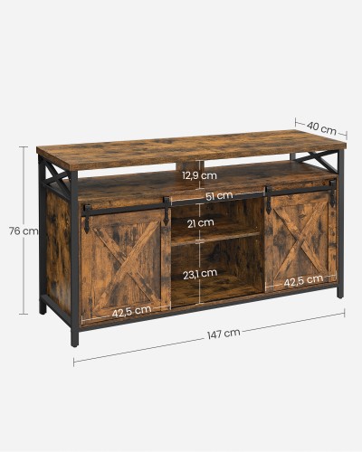 Szafka RTV industrialna 147 cm brąz vintage / czarna z drzwiami przesuwnymi