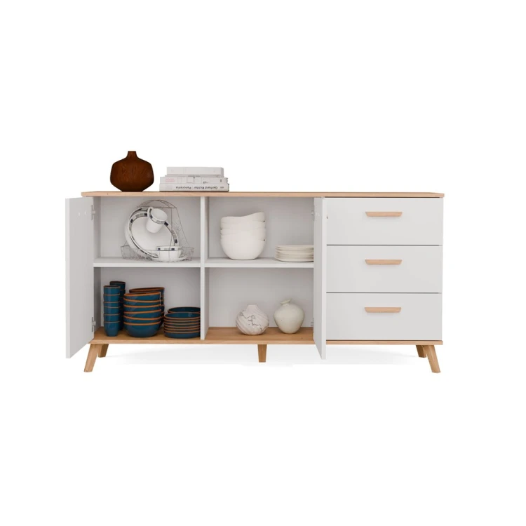 Komoda PICO 150 cm Biała / Dąb Artisan – 2 drzwi, 3 szuflady