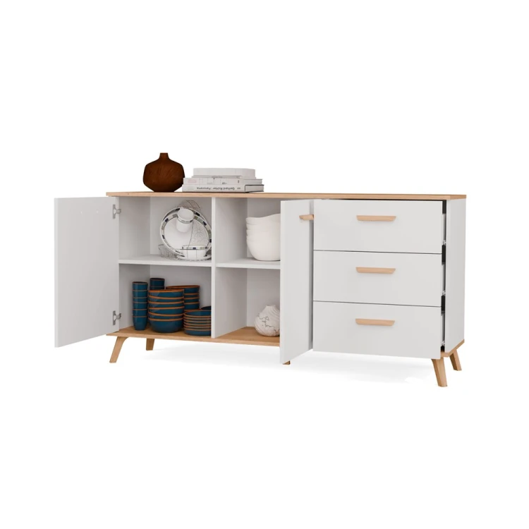 Komoda PICO 150 cm Biała / Dąb Artisan – 2 drzwi, 3 szuflady