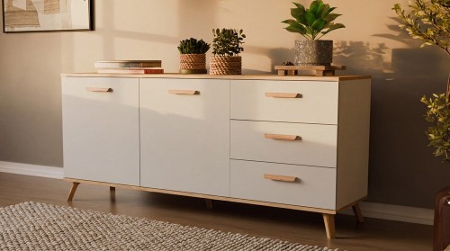 Komoda PICO 150 cm Biała / Dąb Artisan – 2 drzwi, 3 szuflady