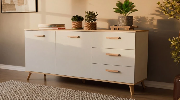 Komoda PICO 150 cm Biała / Dąb Artisan – 2 drzwi, 3 szuflady
