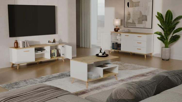 Komoda PICO 150 cm Biała / Dąb Artisan – 2 drzwi, 3 szuflady