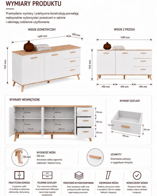 Komoda PICO 150 cm Biała / Dąb Artisan – 2 drzwi, 3 szuflady