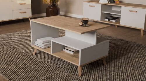 Stolik kawowy PICO 1P Biały / Dąb Artisan 90 cm z 2 półkami