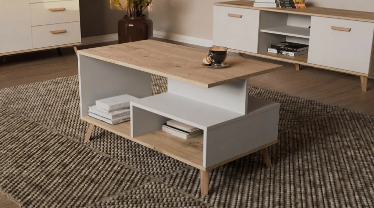 Stolik kawowy PICO 1P Biały / Dąb Artisan 90 cm z 2 półkami
