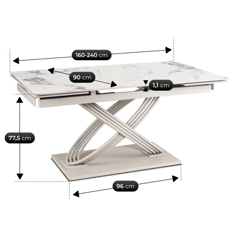 Stół do jadalni NIVO Ceramiczny Rozkładany 160-240 cm Biały Marmur/Kaszmir
