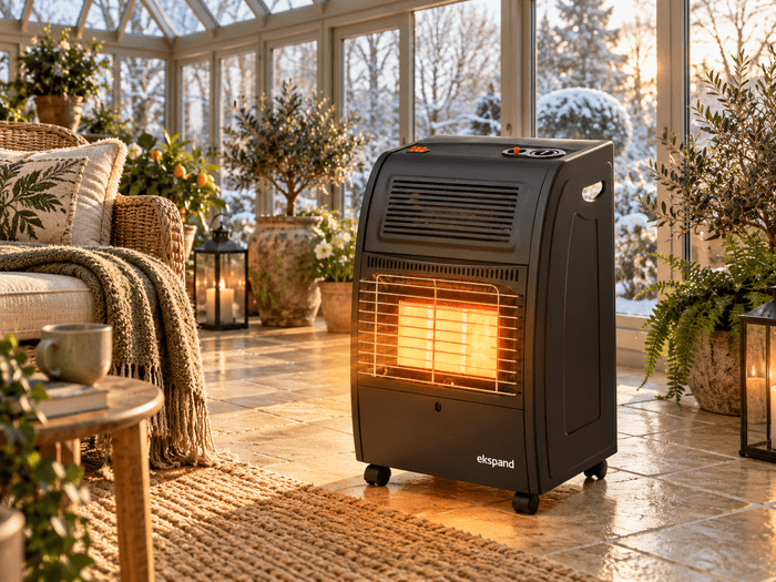 Piecyk gazowo-elektryczny 4200W + 1500W z turbowentylatorem, czarny – ogrzewacz na butlę gazową 11 kg