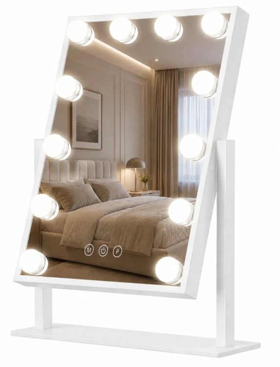 Lustro kosmetyczne LED 30×40 cm białe – podświetlane lustro do makijażu z regulacją światła